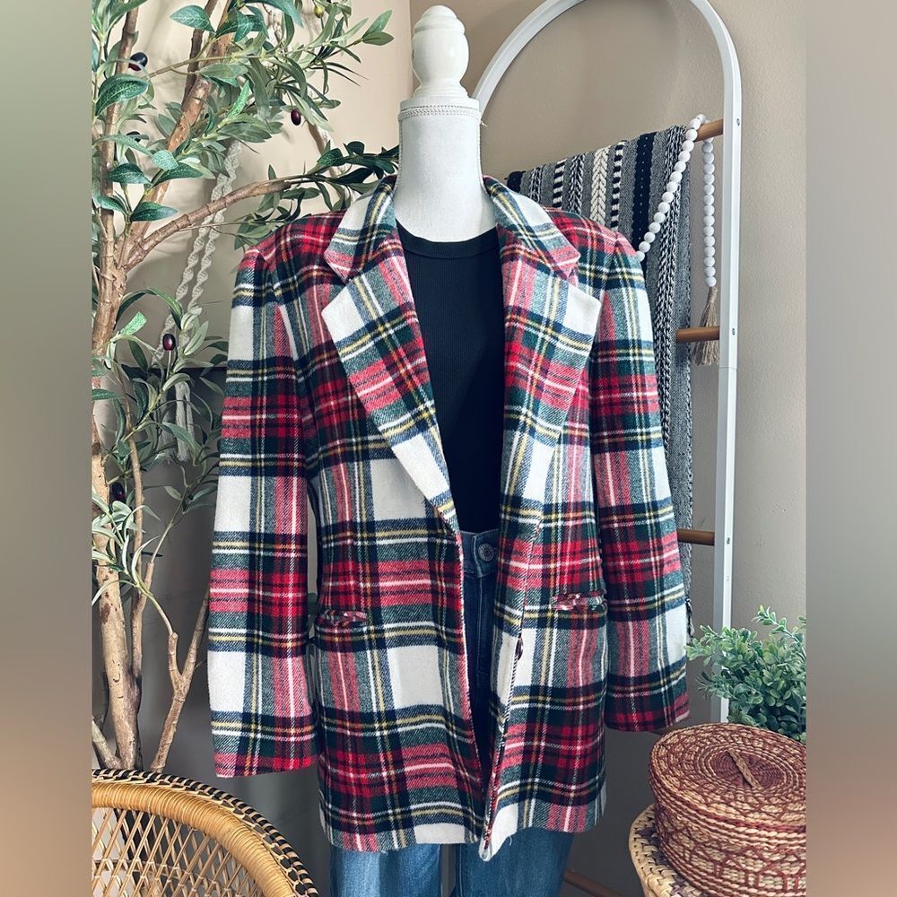 Vintage 90s Express Tartan Plaid Wool Blend Padded Shoulder Two Button Blazer